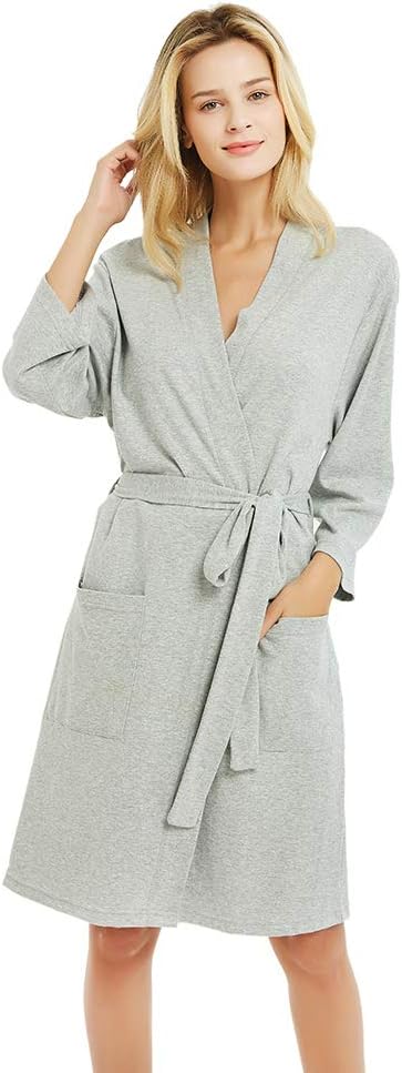 Women's Robes, 100% Cotton Lightweight Robes 3/4 Sleeves Kimono Knit Soft Loungewear Short Bathrobe